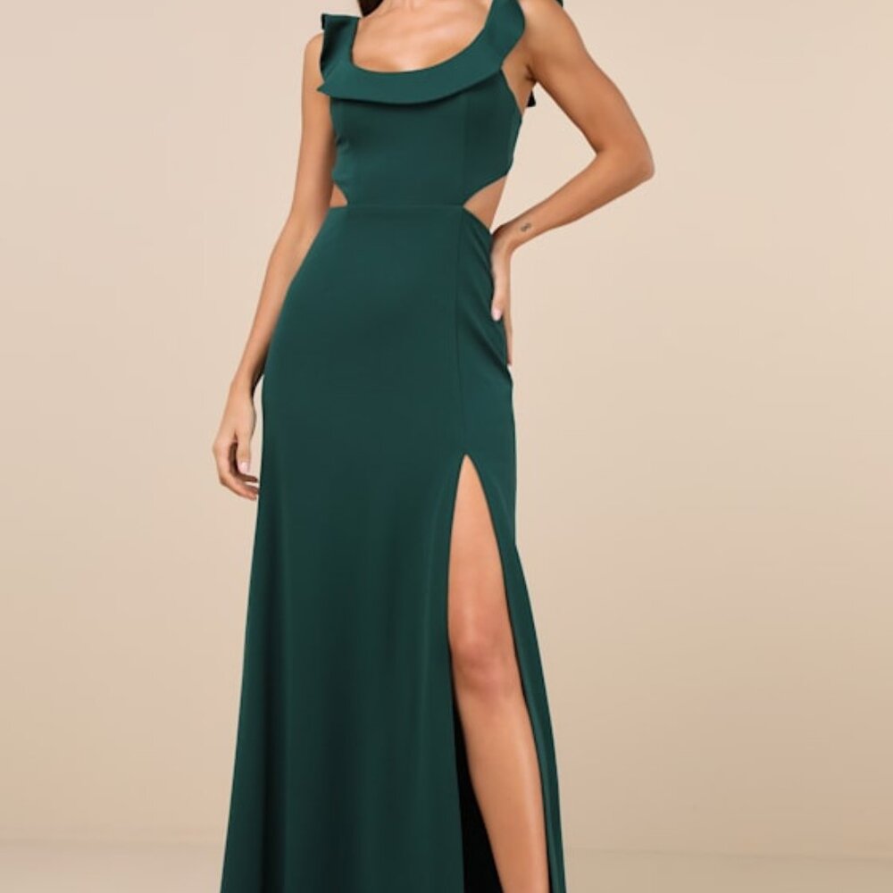 Lulus Captivating Charisma Emerald Ruffled Cutout Tie-back Maxi Dress Green